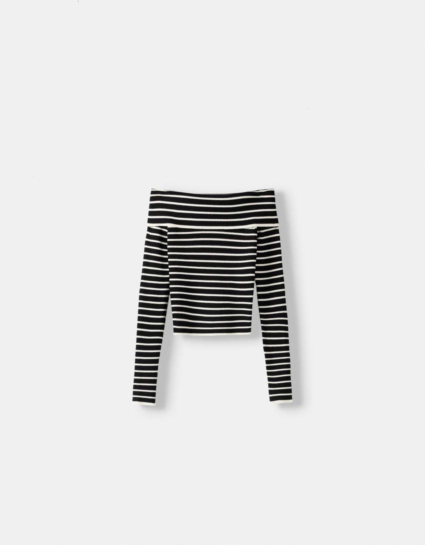 Pull col Bardot revers rayures-Noir-4