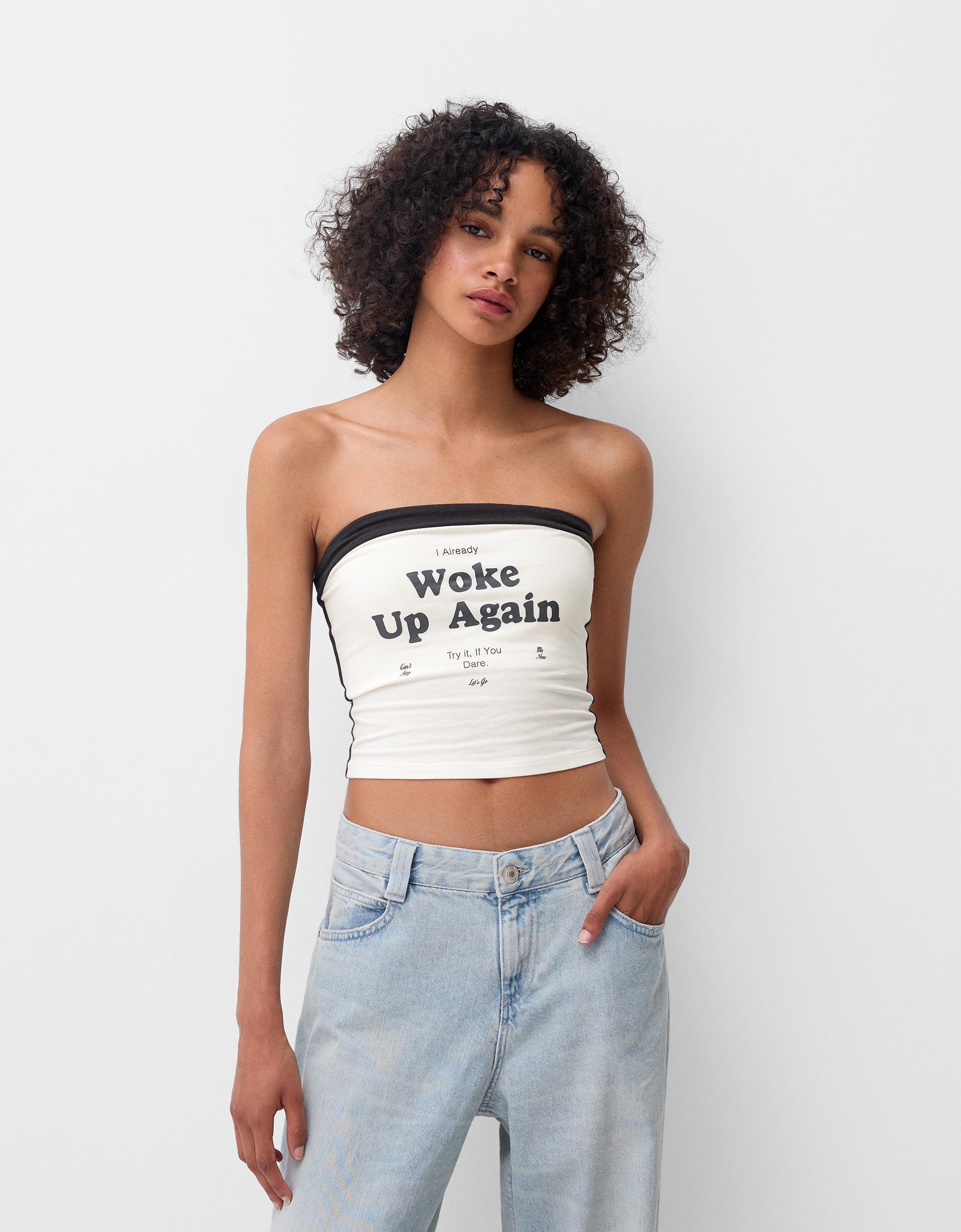 Bershka Bandeau-Top Mit Print Damen S Rohweiß