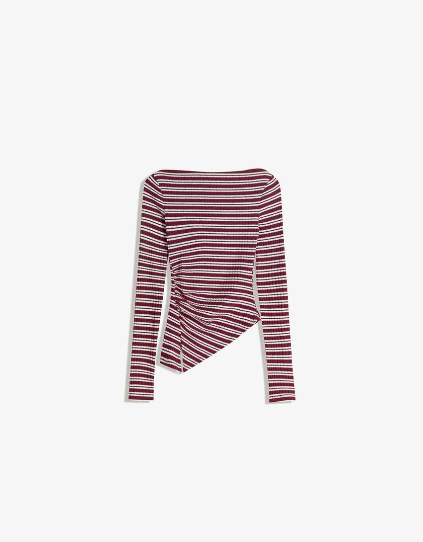 Asymmetric long sleeve T-shirt-Burgundy