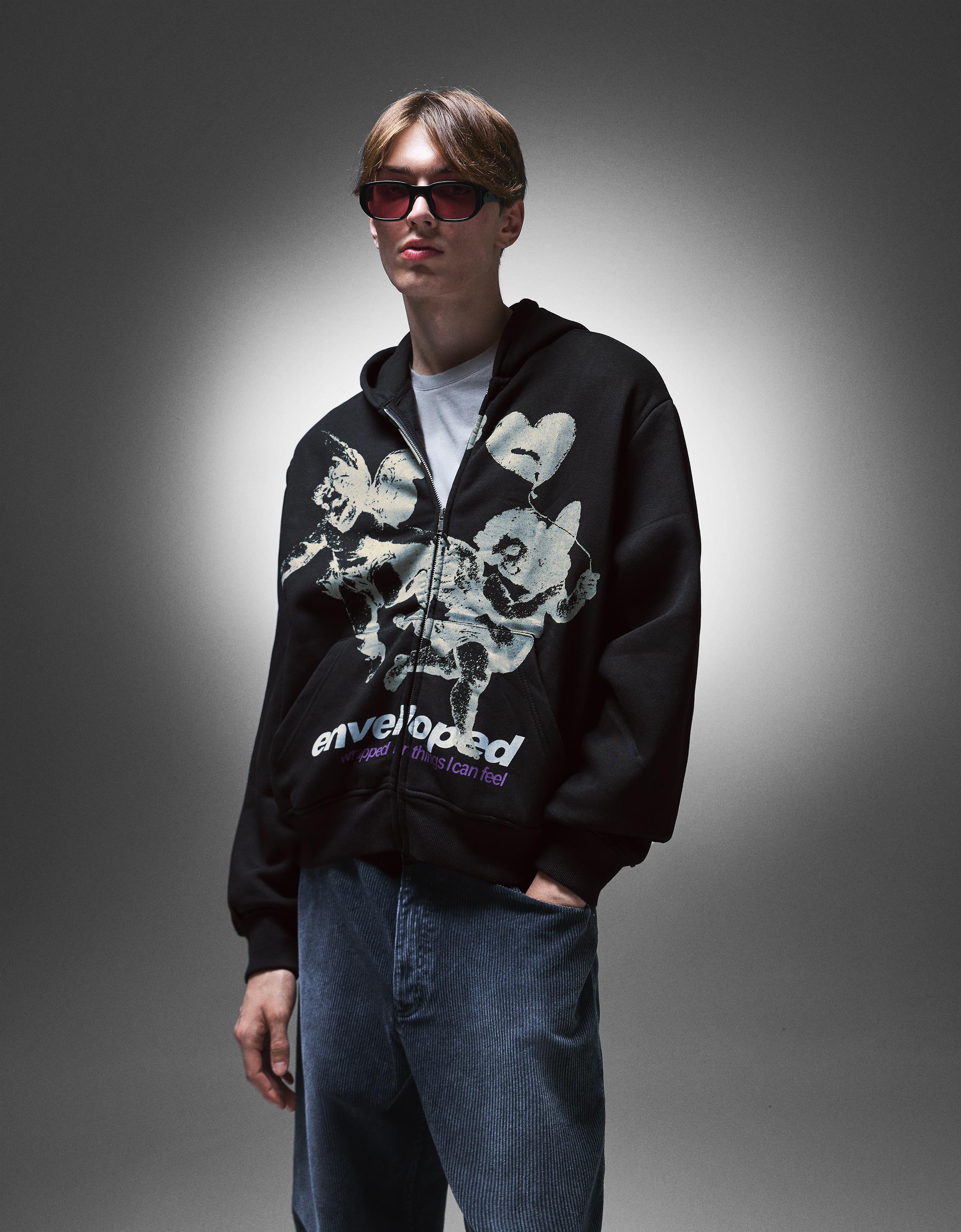 Bershka Sweatshirt Mit Reißverschluss, Kapuze Und Print Herren Xl Schwarz