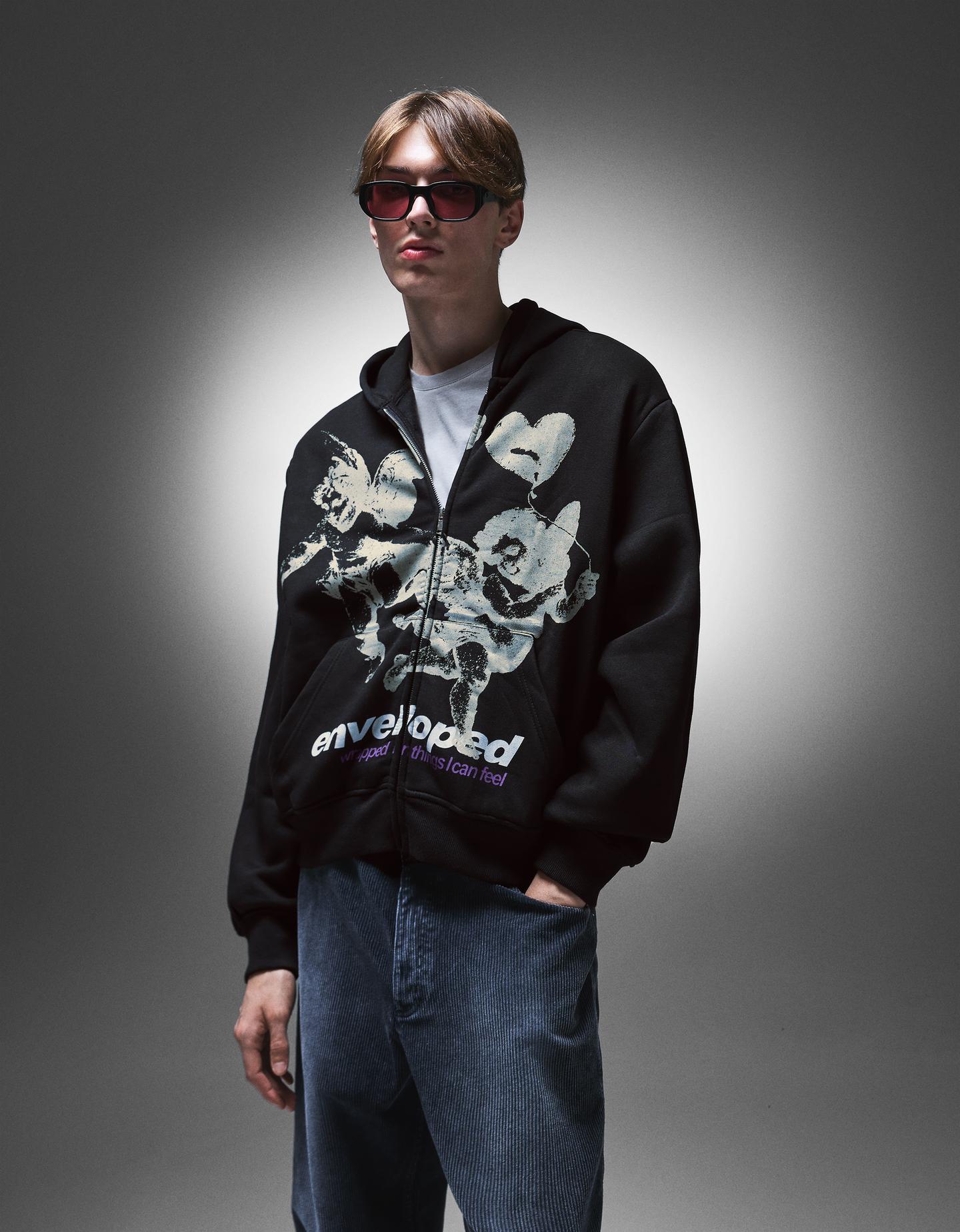 Bershka bluza z kapturem, suwakiem i nadrukiem czarny