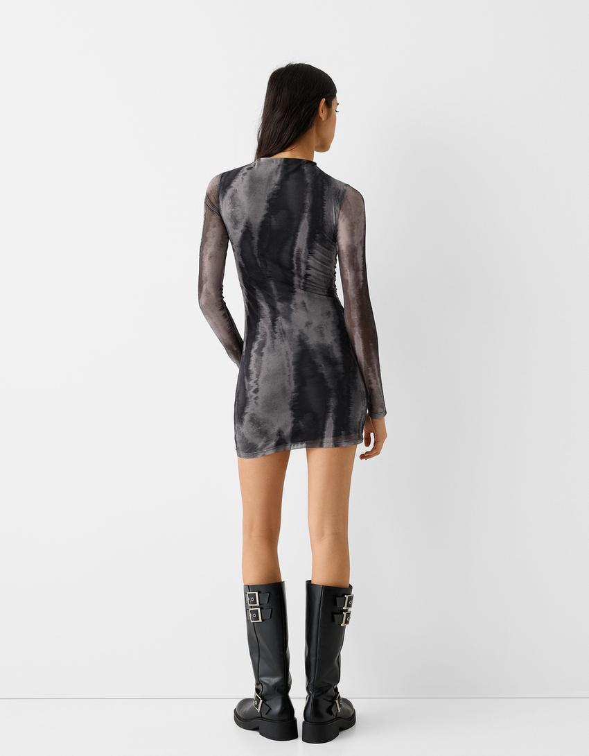 Mini-robe manches longues tulle froncée-Gris foncé-2