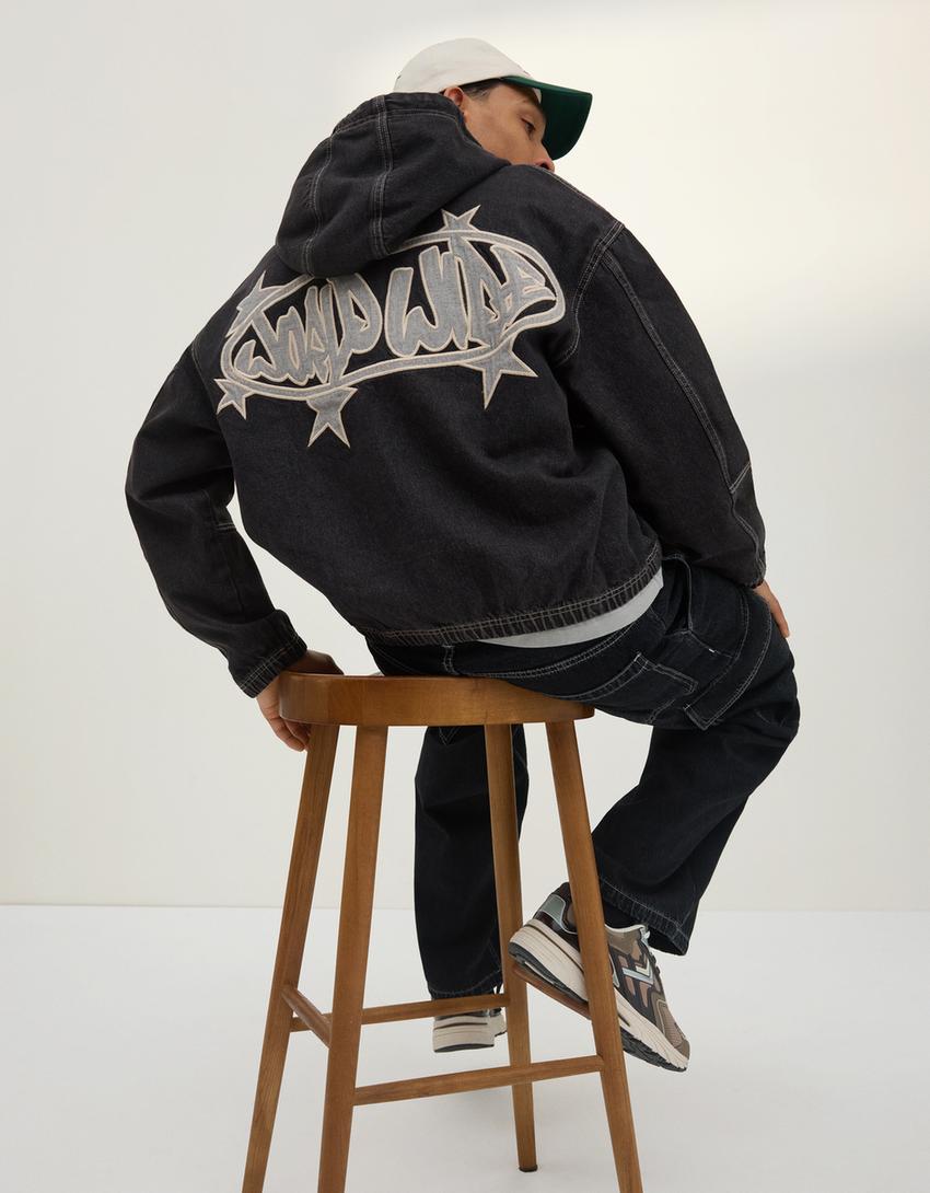 Hooded denim jacket-Black