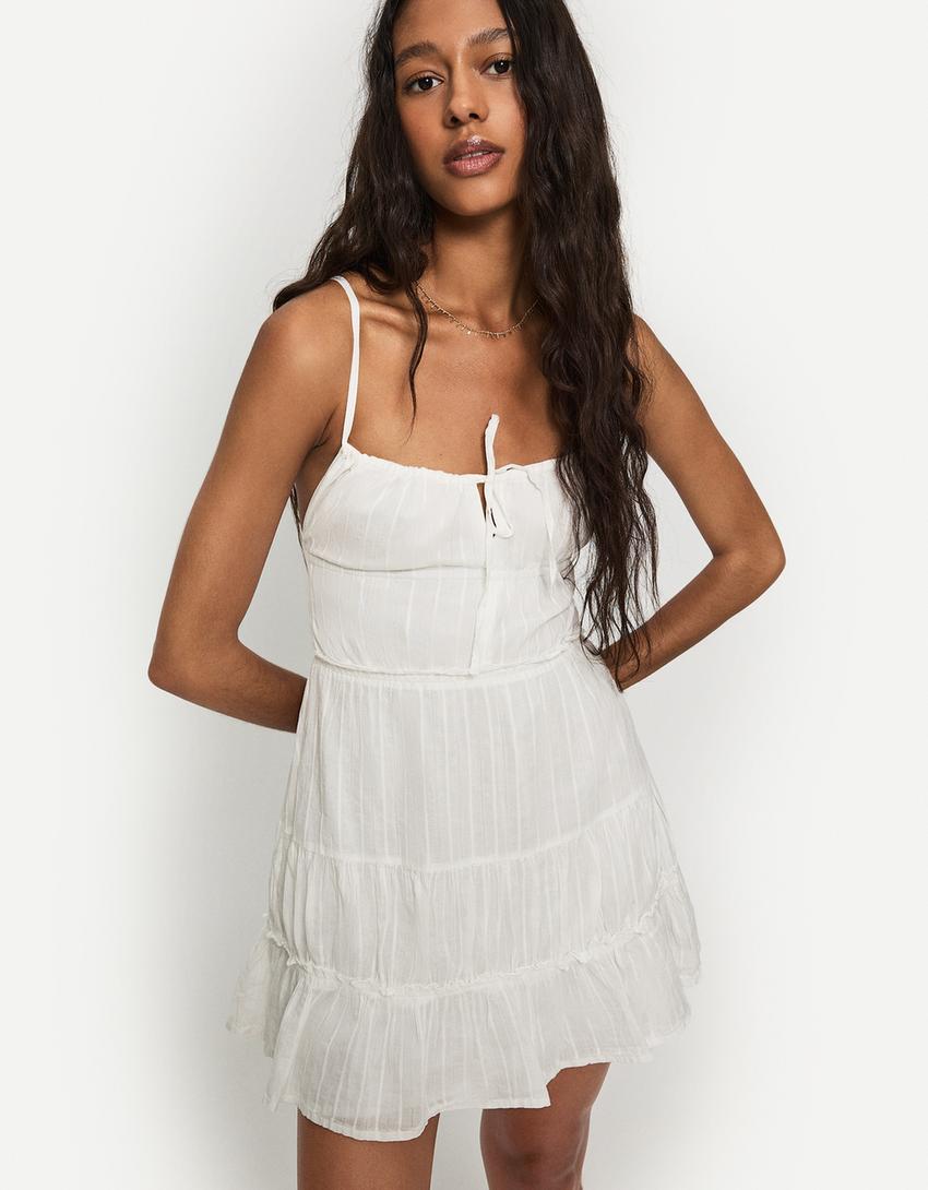 Flounce mini dress-White-1