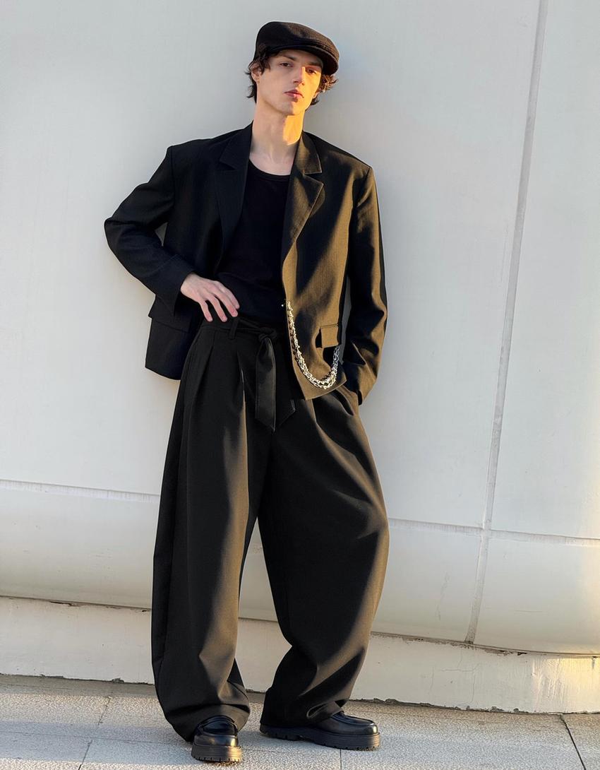 Calças barrel fit tailored fit com cinto-Preto