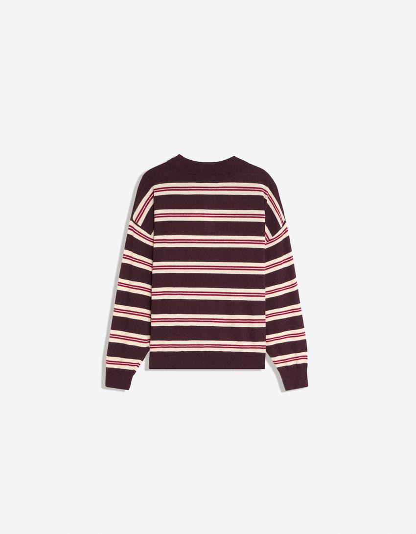 Striped polo sweater-Burgundy