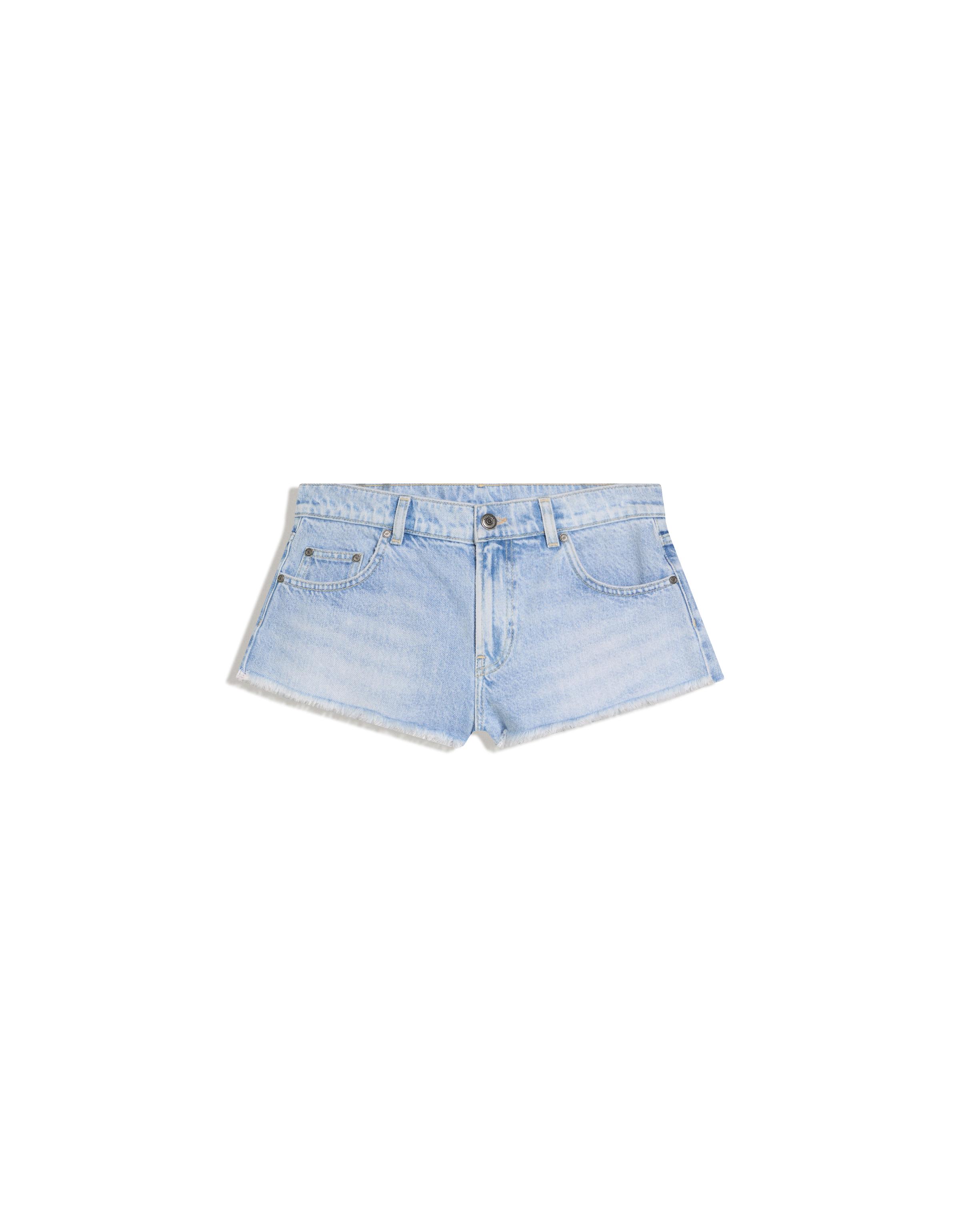 Denim mini shorts with frayed hem — Light blue