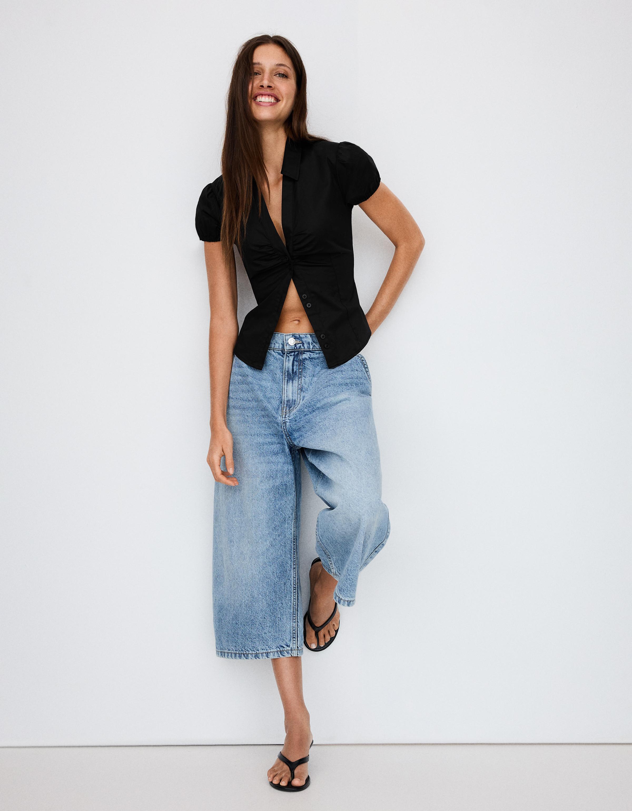 Short sleeve poplin tie-front shirt — Black