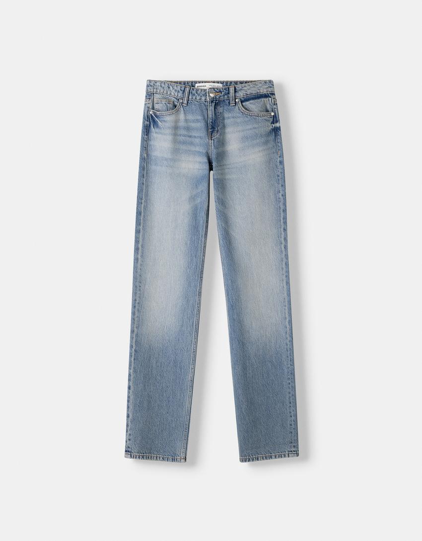 بنطال جينز بقصّة مستقيمة وخصر منخفض-أزرق فاتح-3