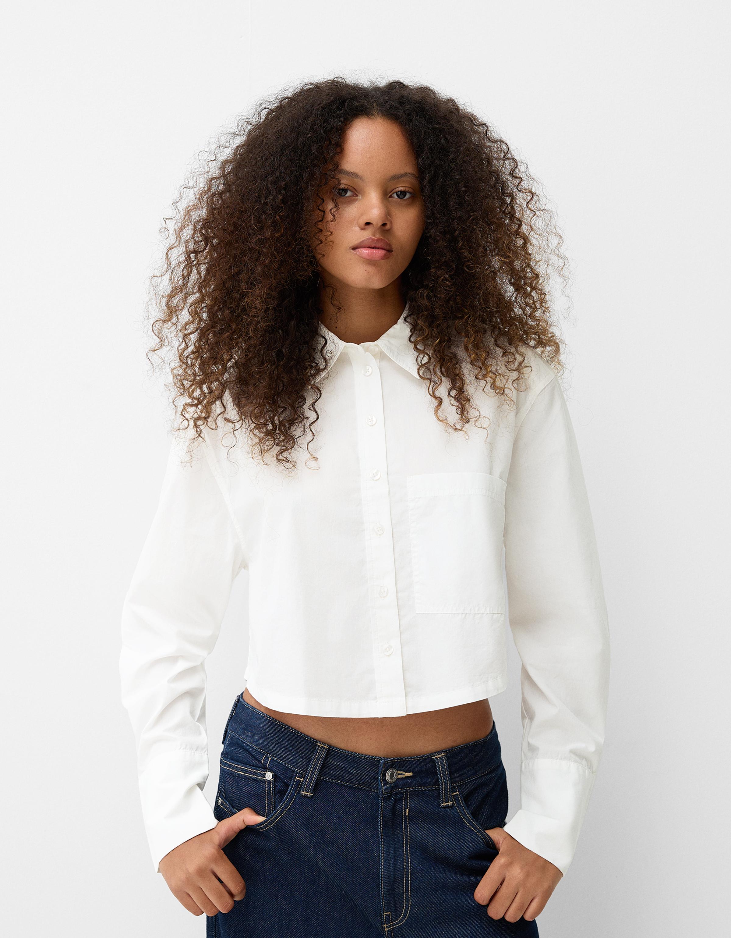 Bershka Cropped-Hemd Aus Popelin Mit Tasche Damen L Weiss