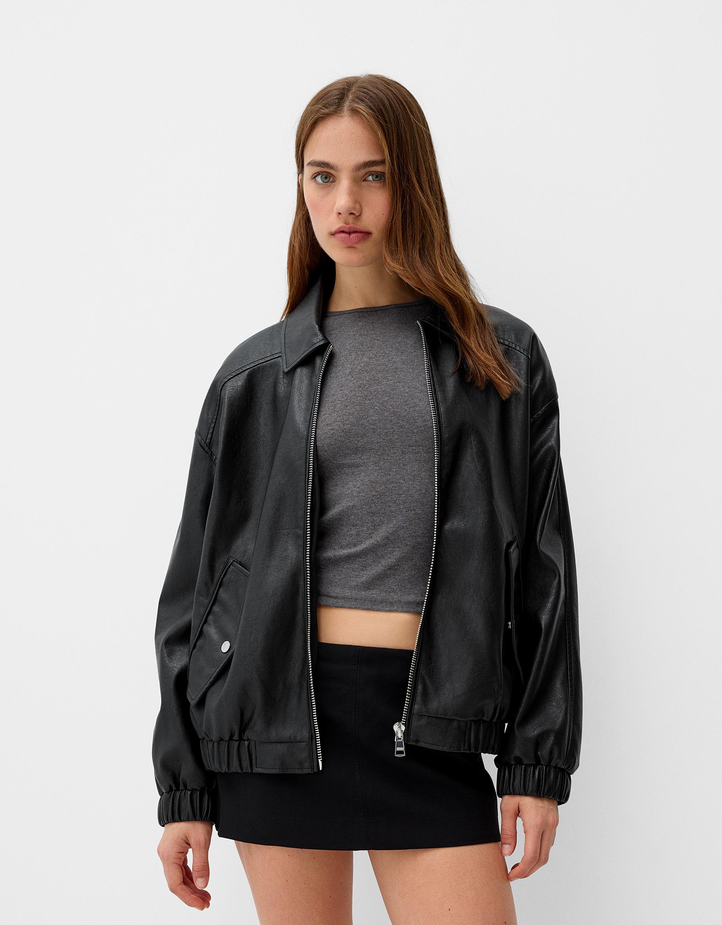 Faux leather dad fit jacket Women Bershka