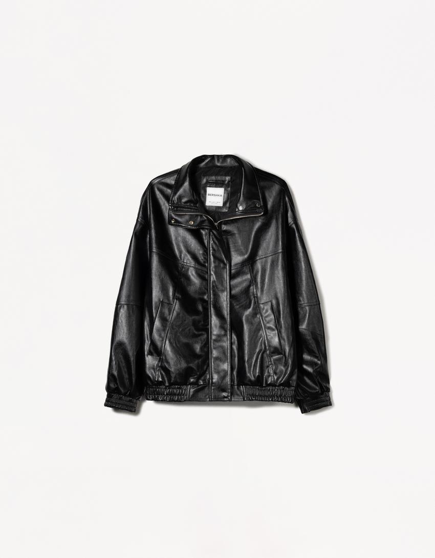 Geacă oversize din imitație de piele-Negru-3