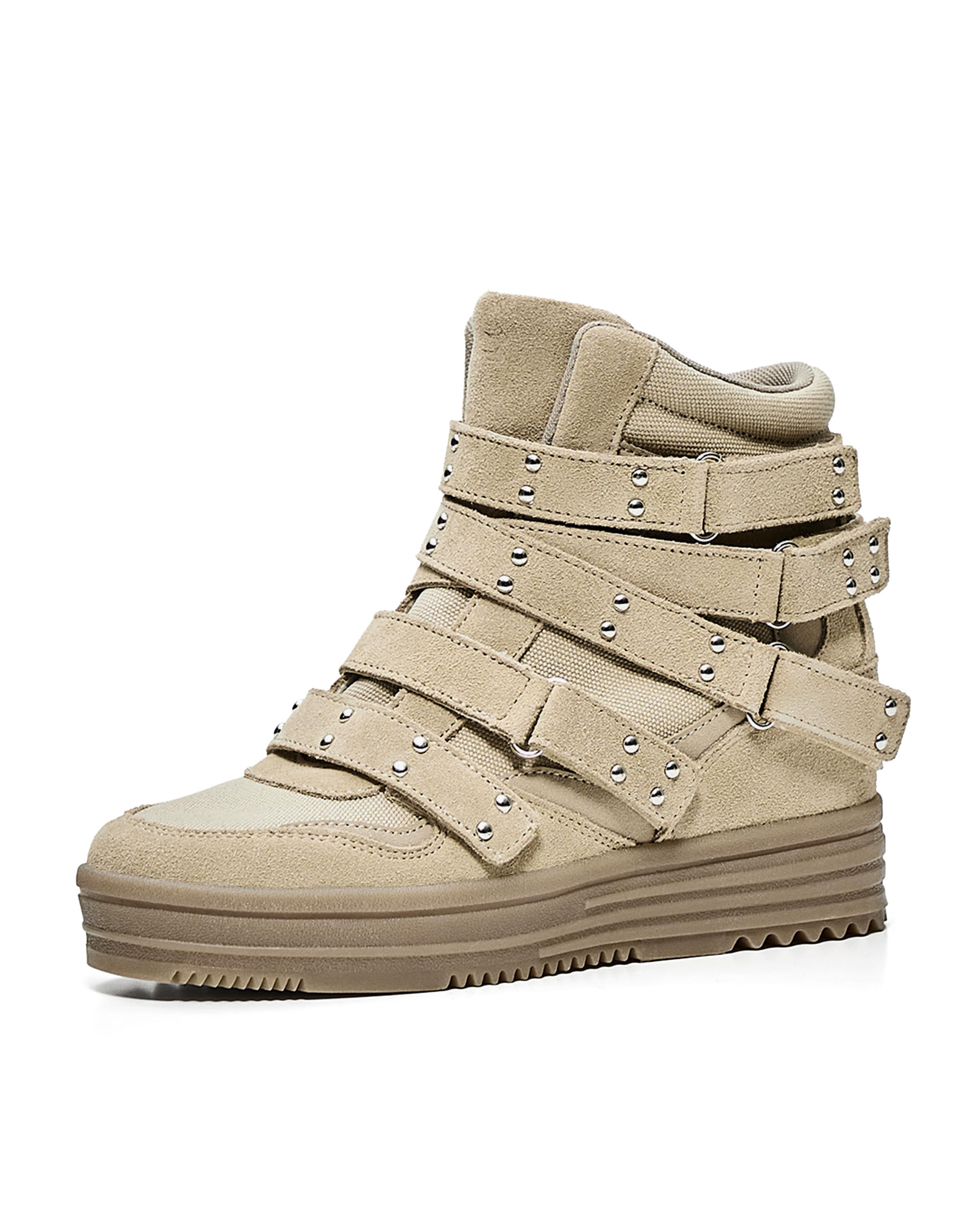 STUDDED HIGH-TOP TRAINERS — SAND