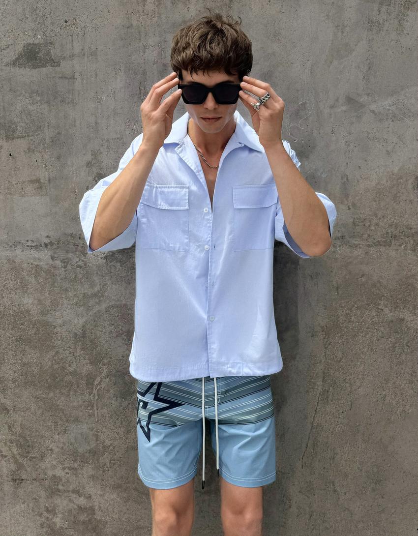 Oversized popeline blouse met korte mouw-Blauw-1