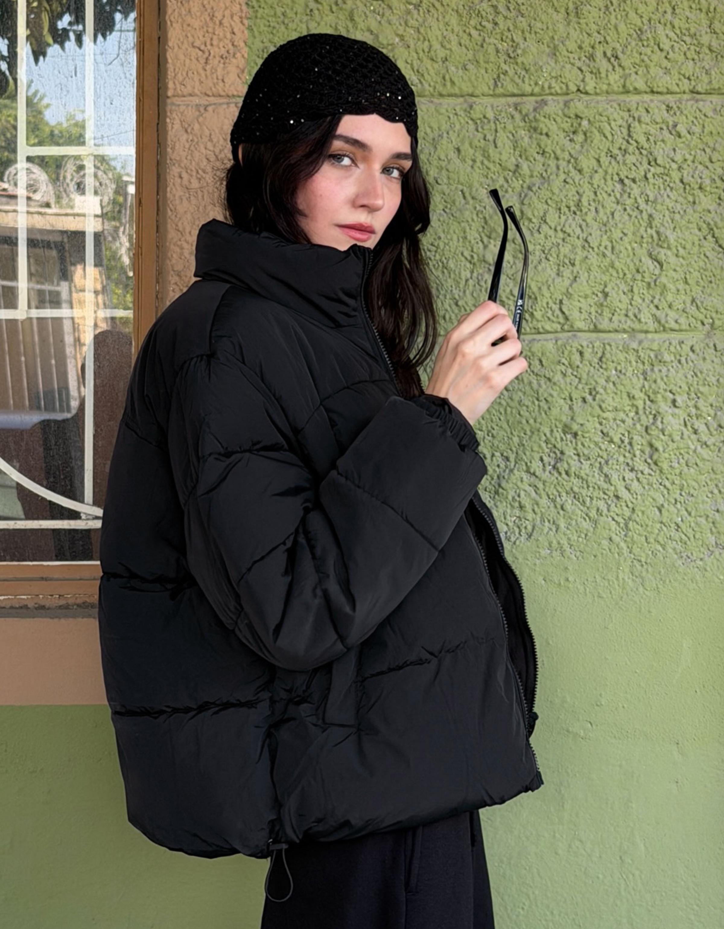 Padded funnel neck jacket — Black