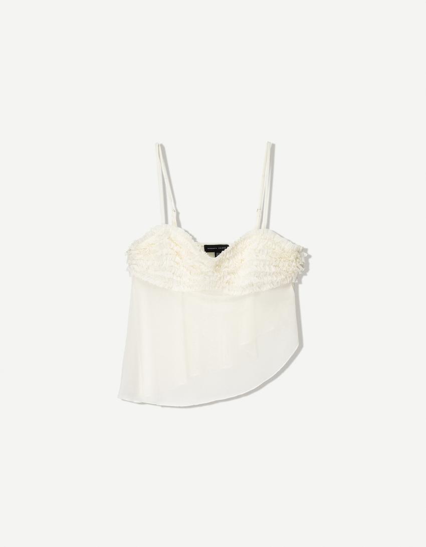 Strappy tulle micro-ruffle top-Cream-1
