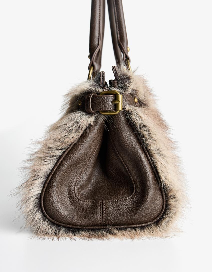 Bolso hombro efecto pelo-Marrón