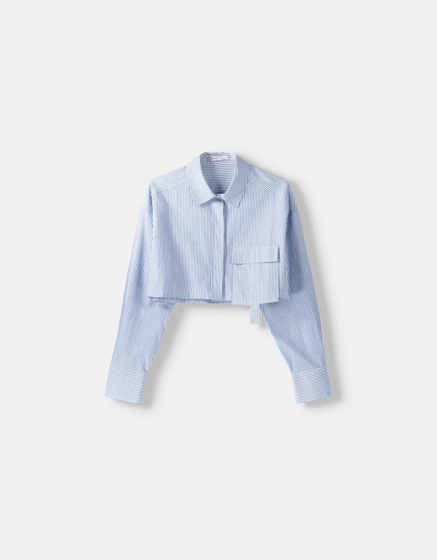Long sleeve cropped poplin shirt with straps-Blue