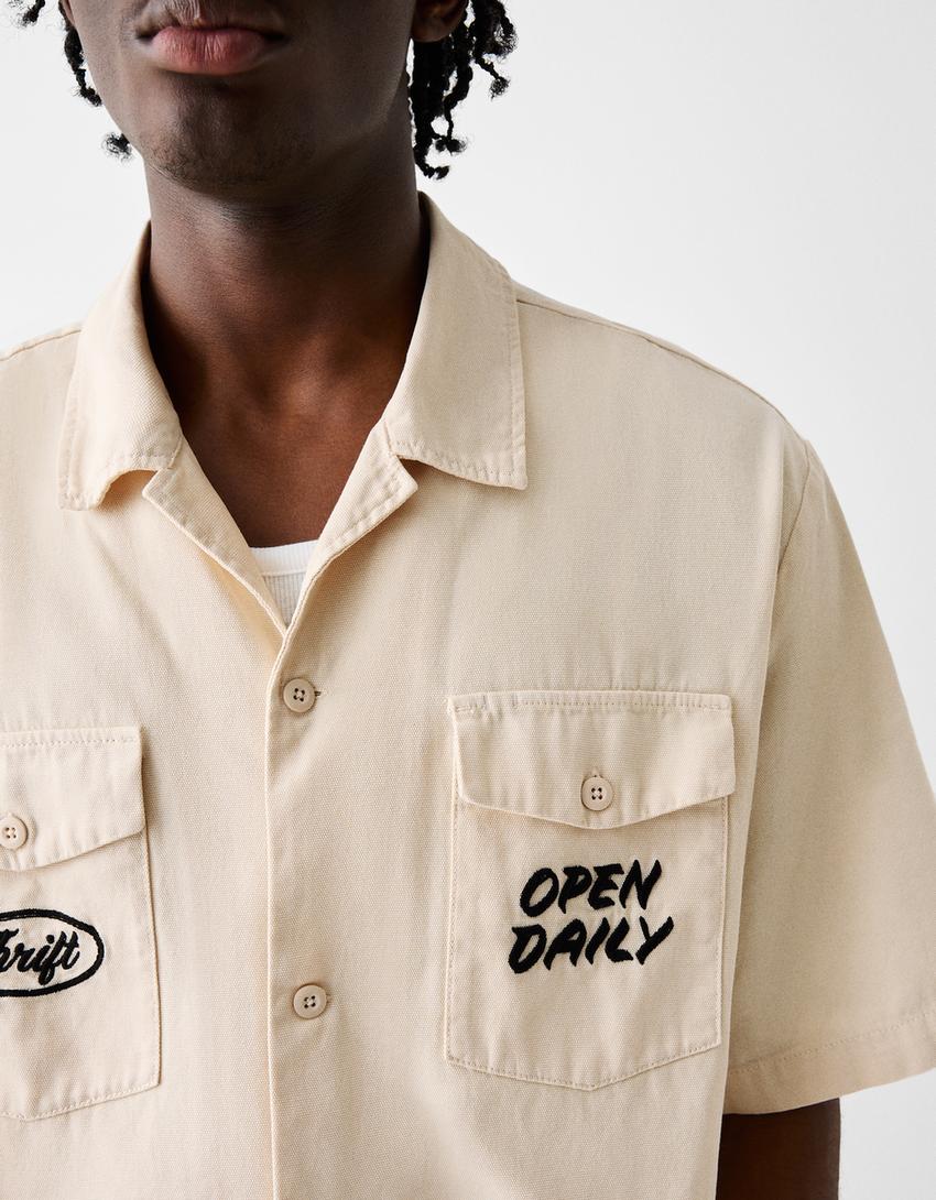 Chemise manches courtes boutons broderie-Sable-6