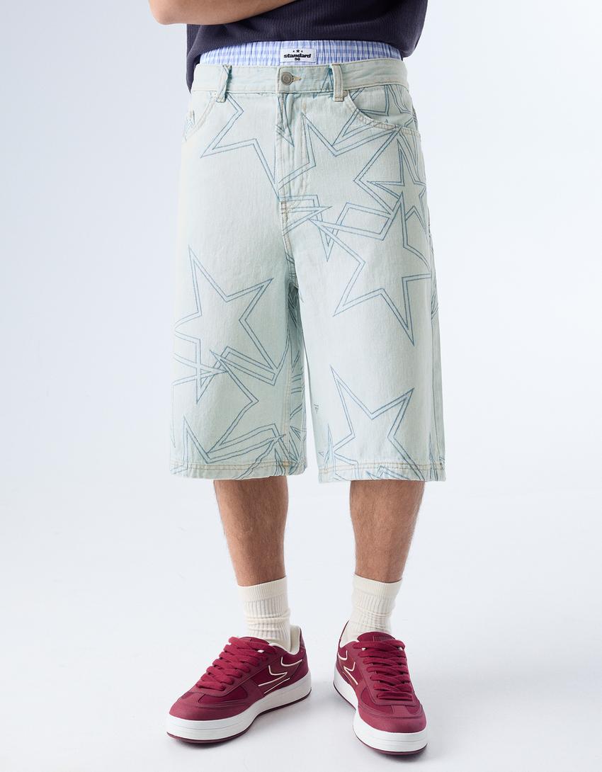 Super baggy denim Bermuda shorts with stars-Light blue