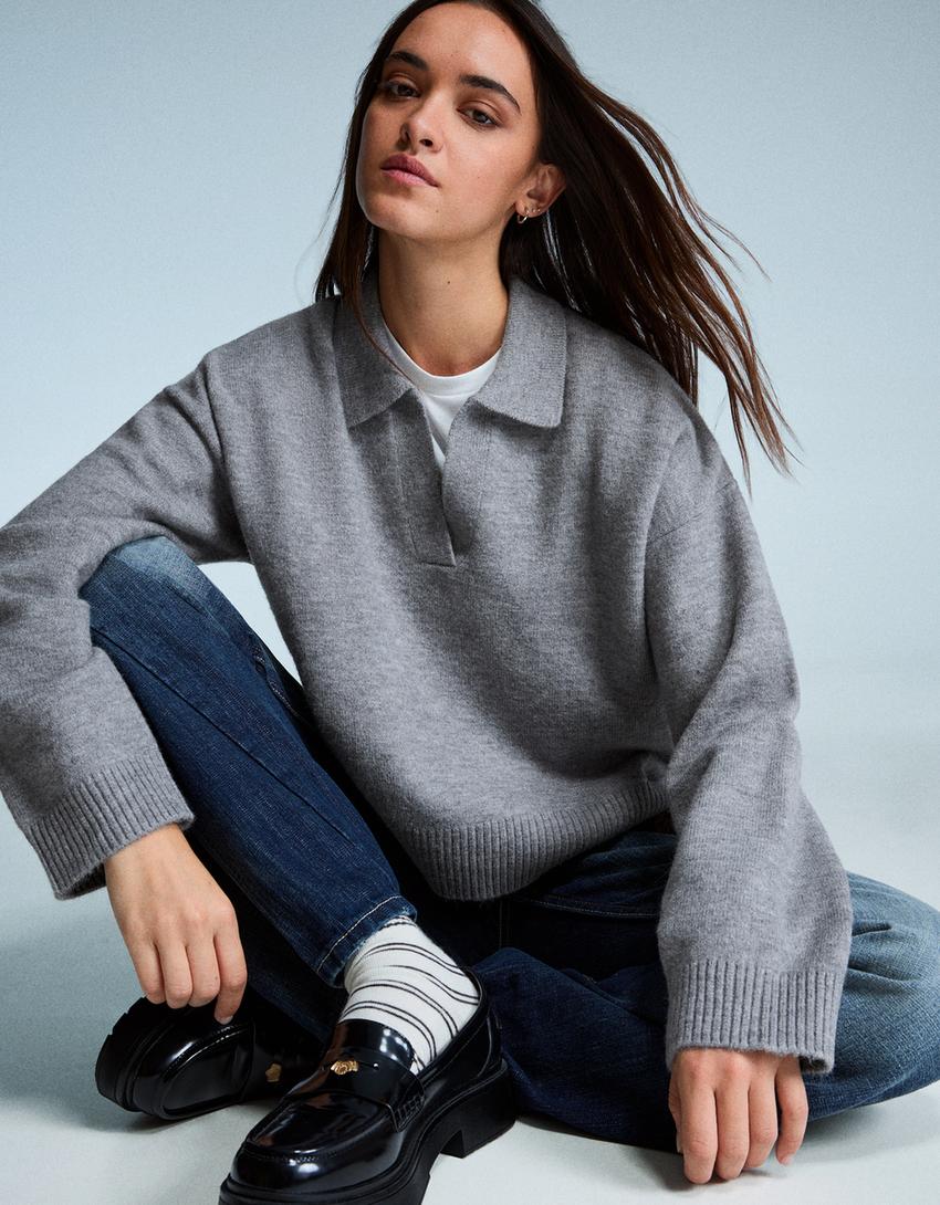Polo collar sweater-Grey-1