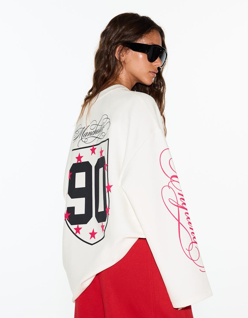 Baskılı bisiklet yaka sweatshirt-Kirli beyaz