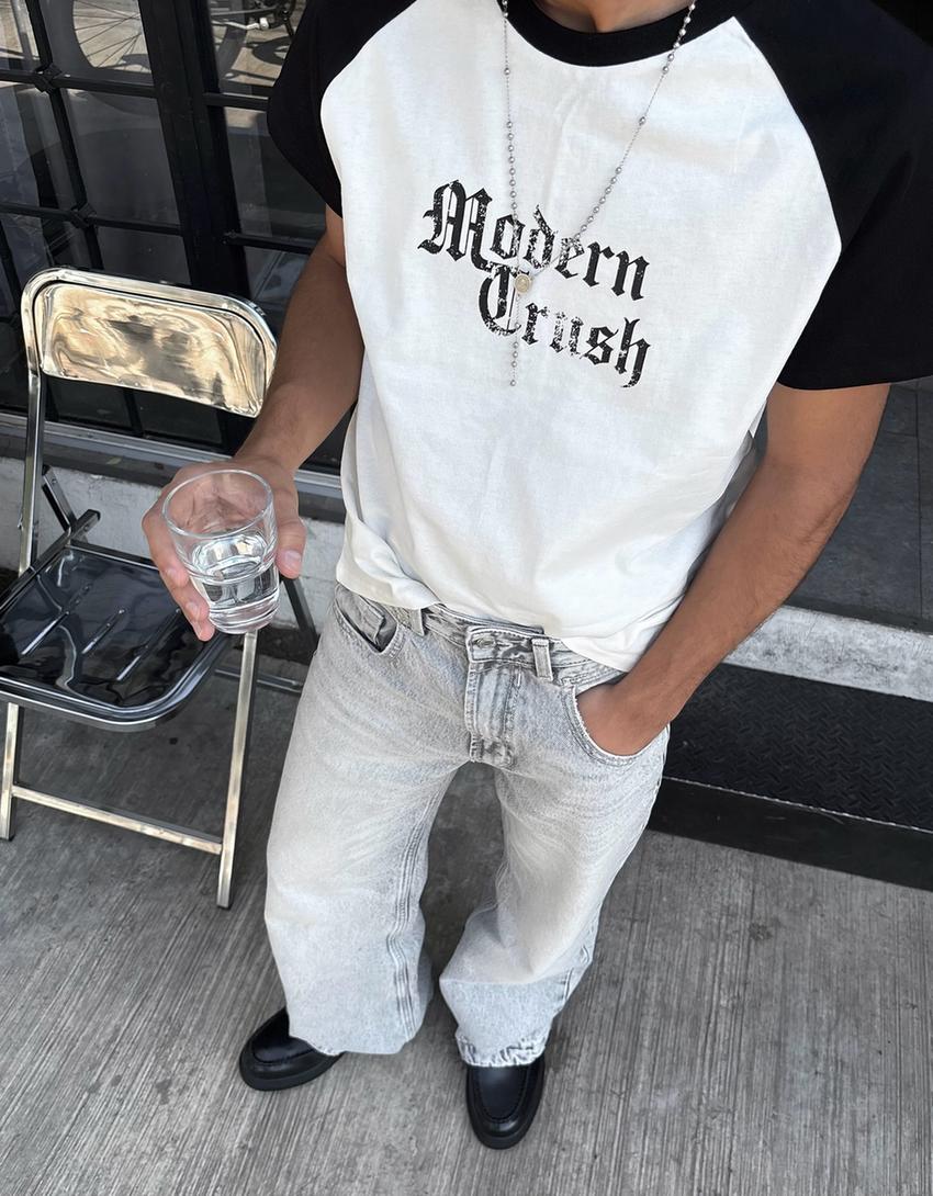 T-shirt manches courtes contrastant imprimé-Blanc-1