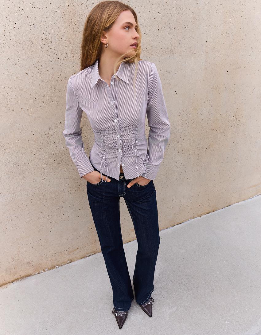 Gathered poplin shirt-Brown