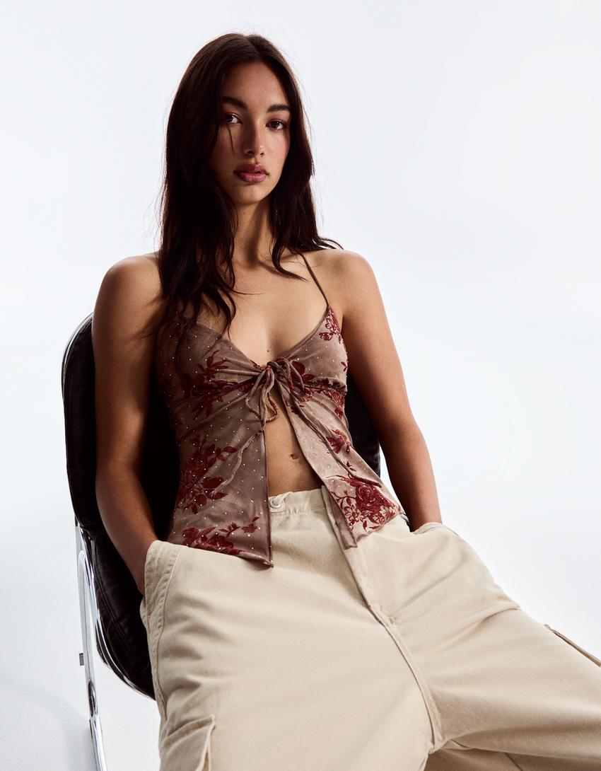 Printed halter top-Brown