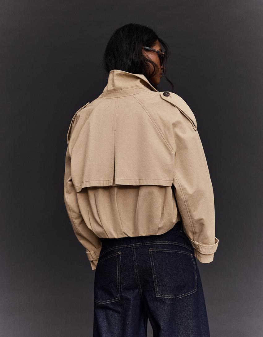 Trench cropped efeito balão-Camelo