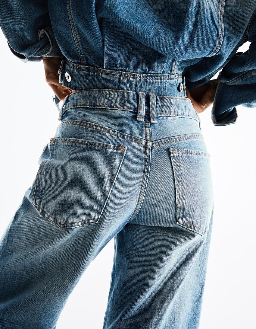 Yüksek bel straight fit geniş paça jean-Açık mavi