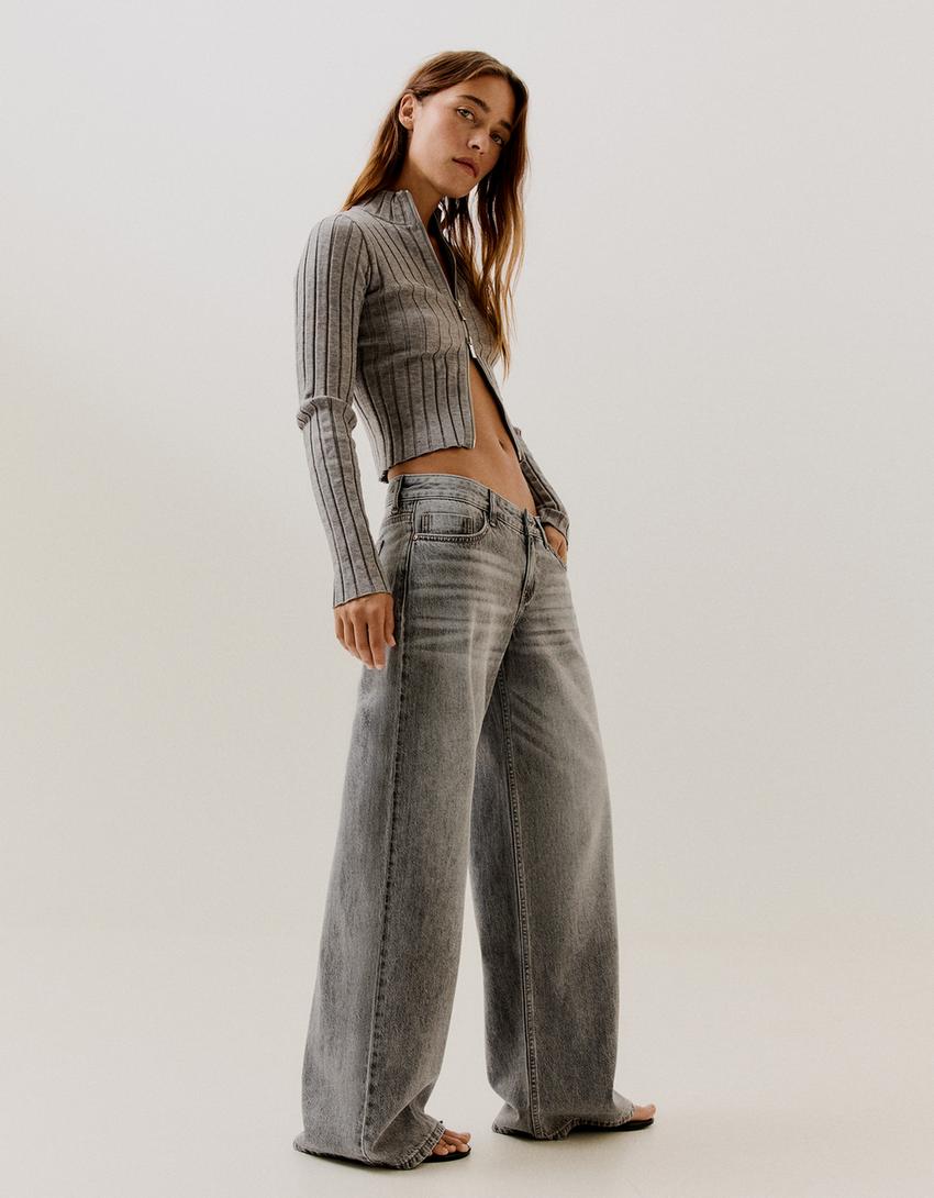 Jeansy wide leg z niskim stanem-Szary