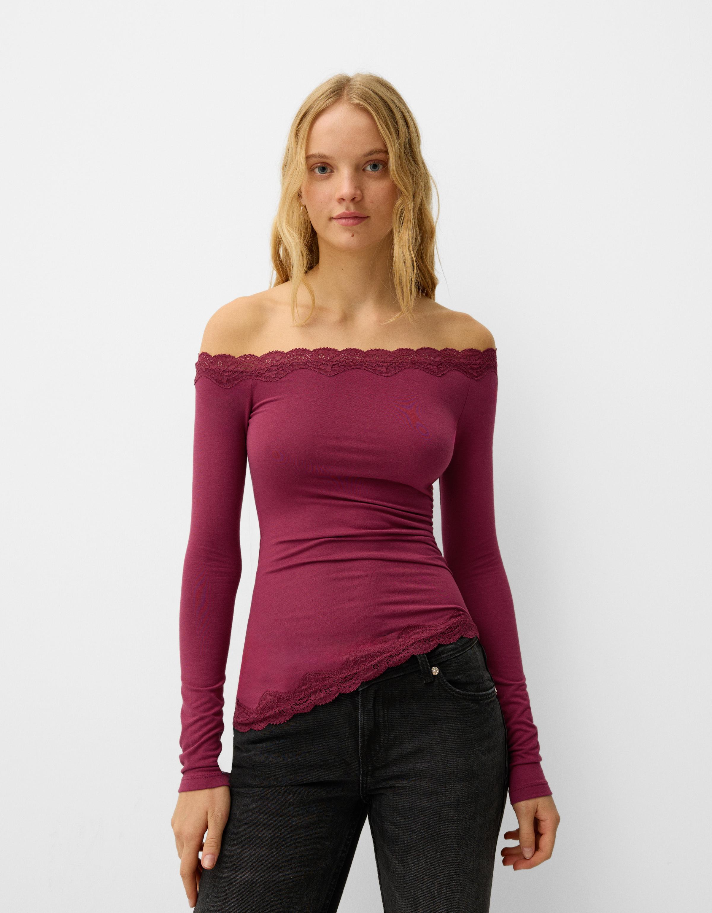 Bershka Asymmetrisches Langarmshirt Aus Spitze Mit Langen Ärmeln Damen S Violett