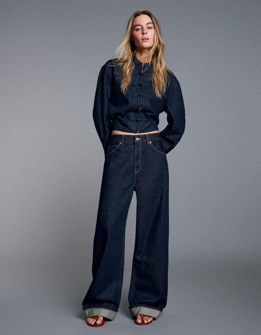 Balloon jeans with back buckle and rips-Navy