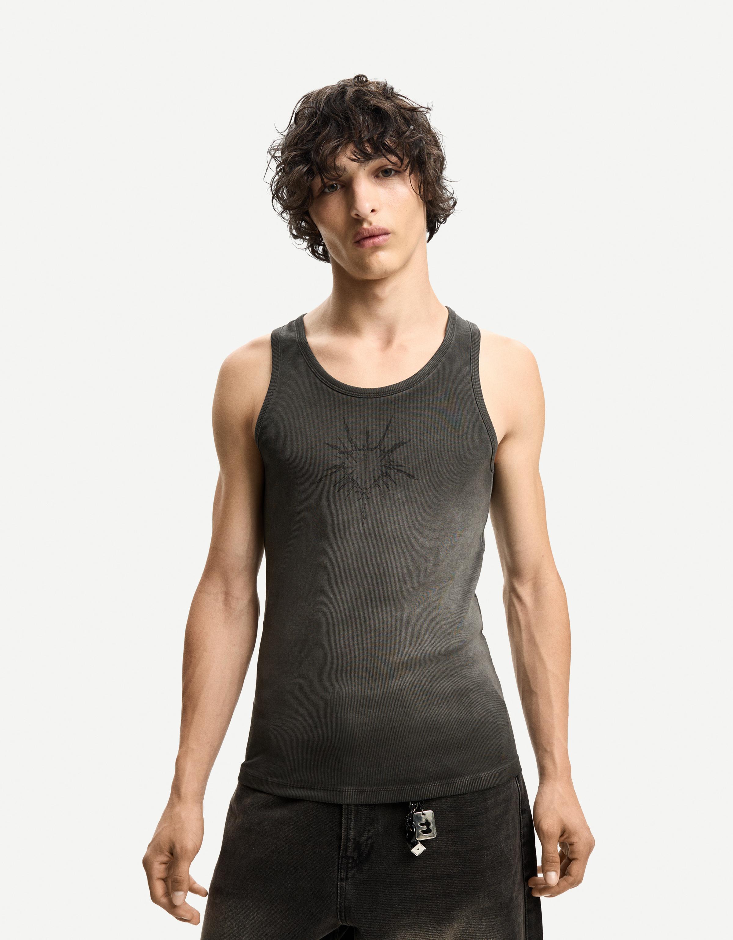 Bershka Trägershirt Mit Rippstruktur Und Print Herren L Grau