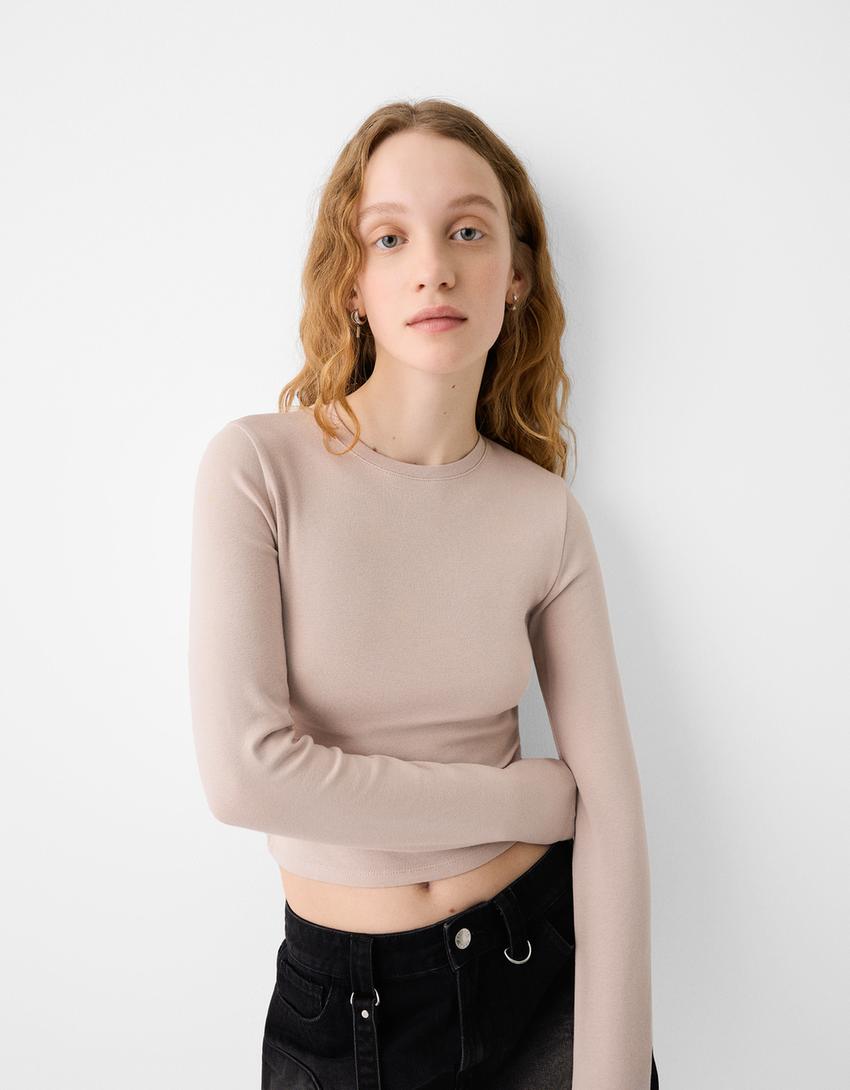 Long sleeve T-shirt with a crew neck-Sand-2