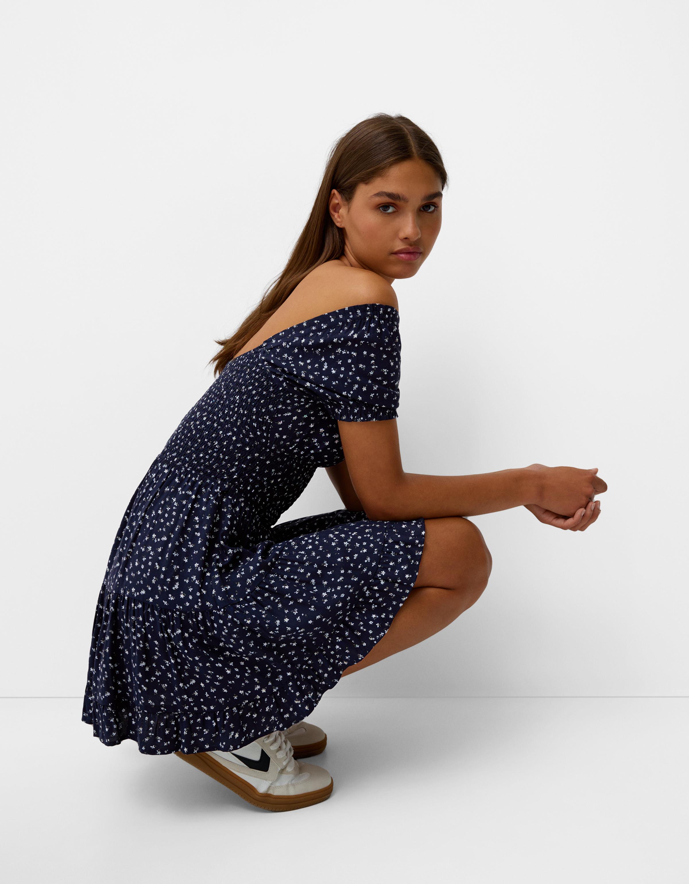 Mini-robe Fleurs Manches Courtes - Femme | Bershka