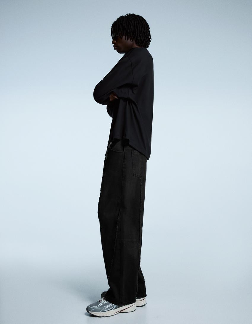 Super baggy fringe trousers-Black