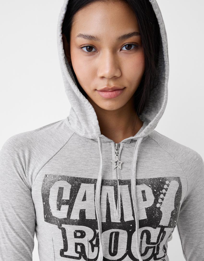 T-shirt Camp Rock capuz manga comprida-Cinza-6