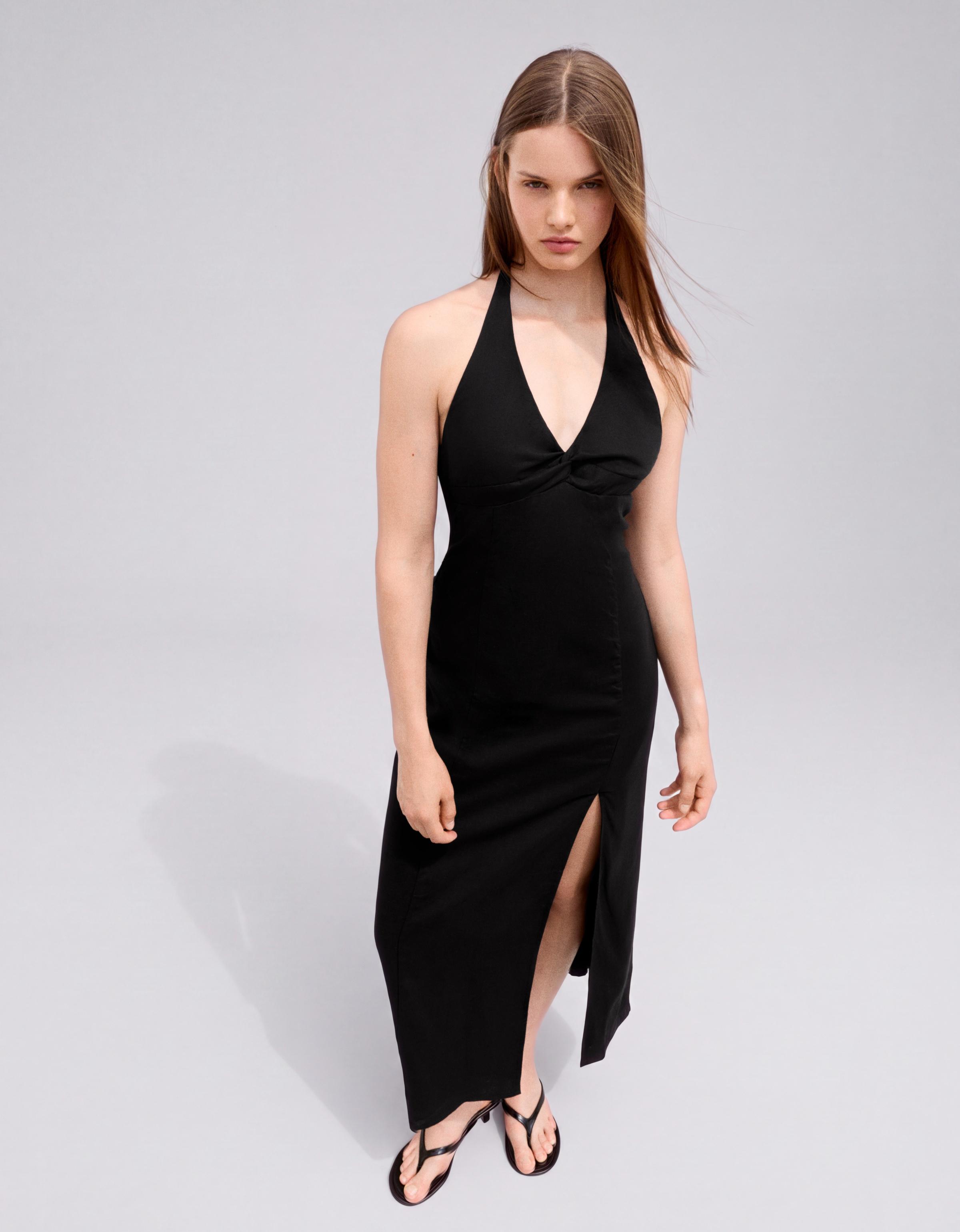 Halter midi dress with linen — Black