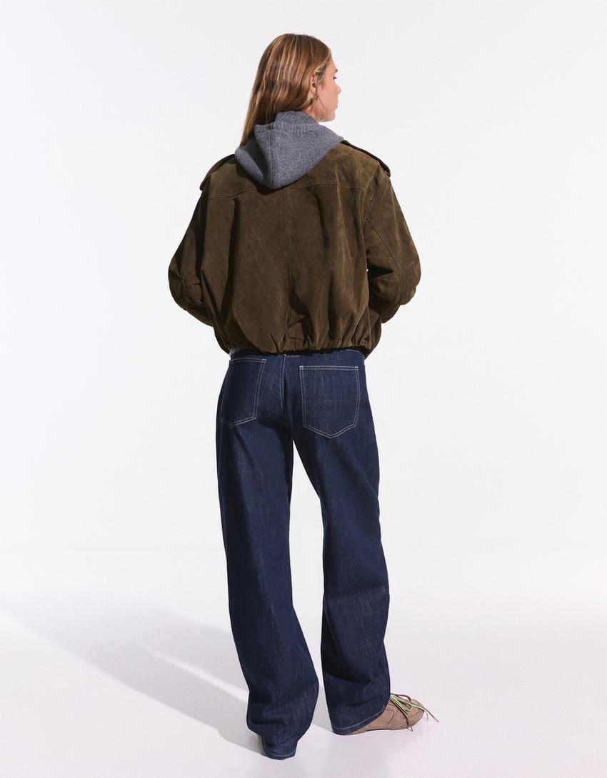 Zamszowa kurtka skórzana-Khaki