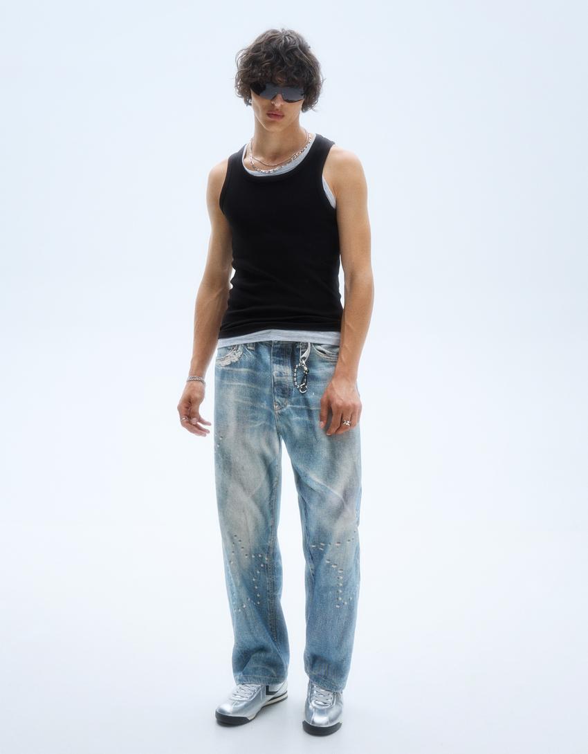 Baskılı baggy fit jean-Açık mavi-3