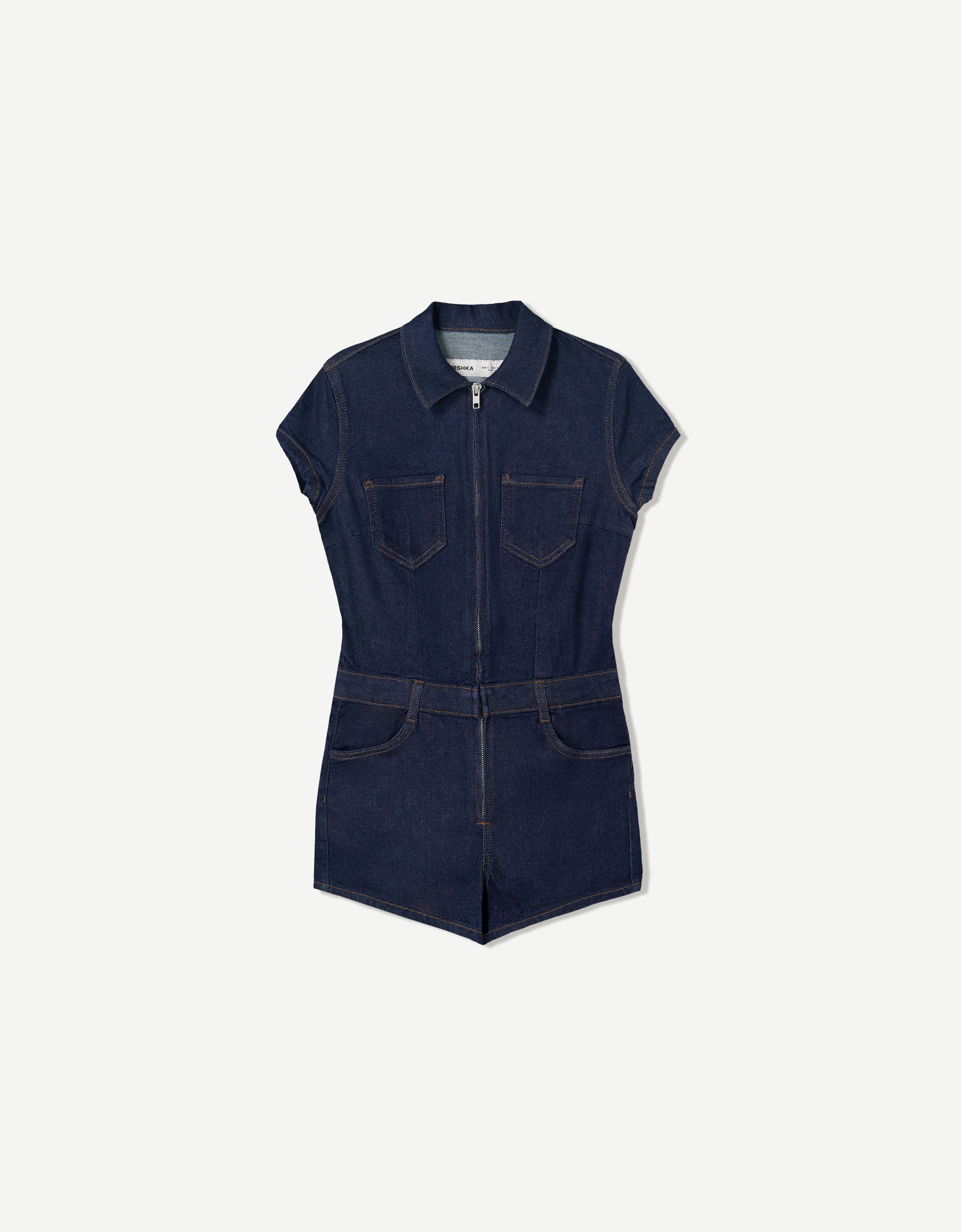 Bershka Kurzer Jeans-Jumpsuit Damen Xs Marinenblau