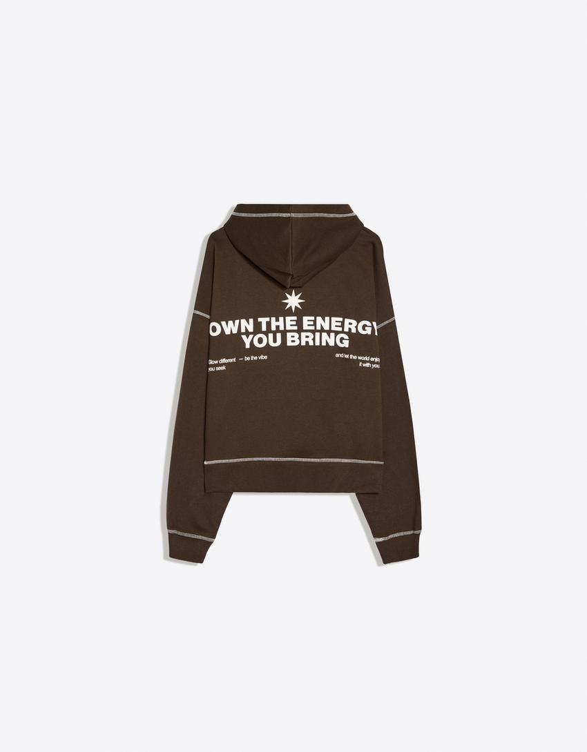 Baskılı kapüşonlu sweatshirt-Kahverengi