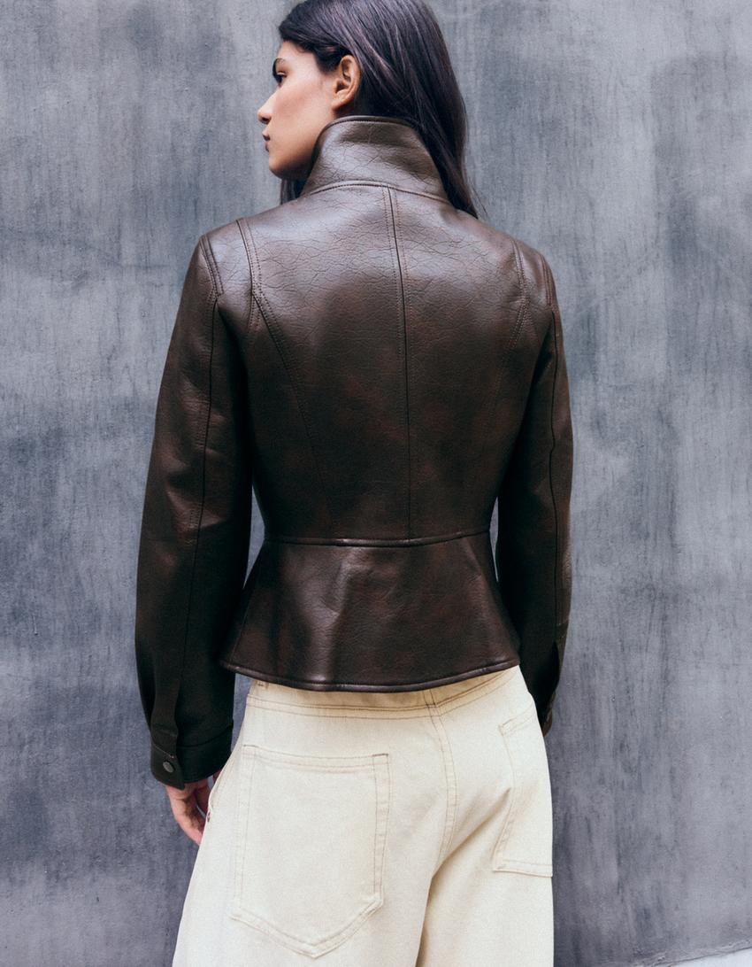 Faux leather peplum jacket-Brown