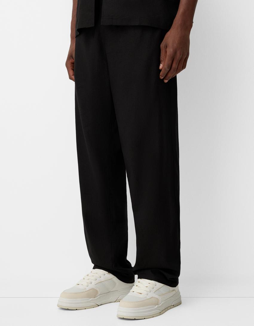 بنطال كتان واسع الساقين-أسود-1