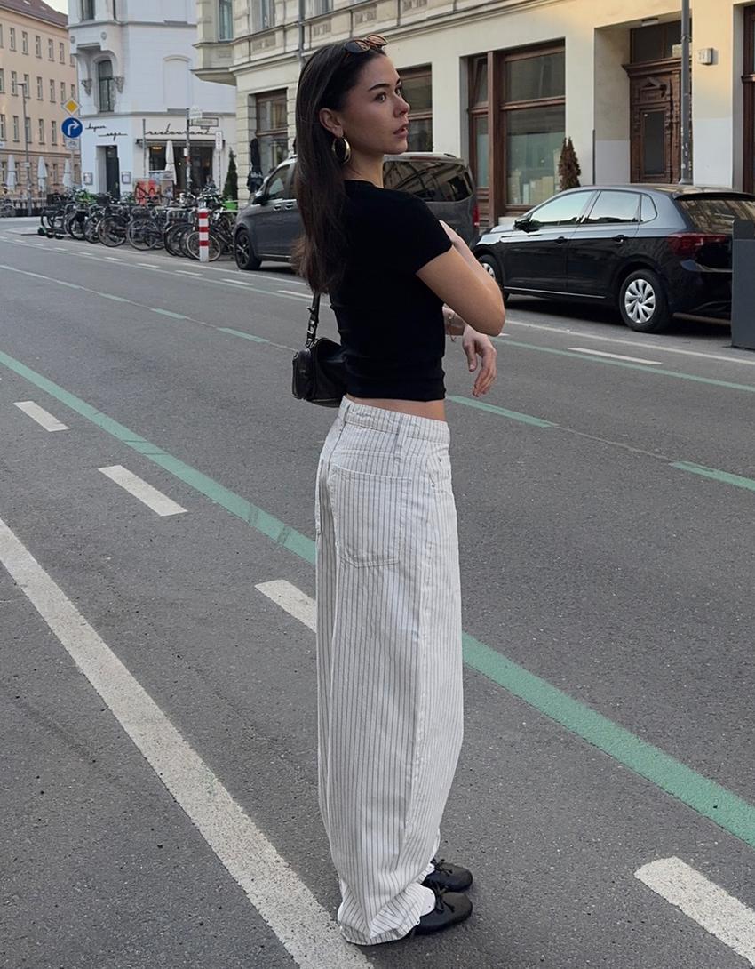 Çizgili balloon fit pantolon-Kirli beyaz