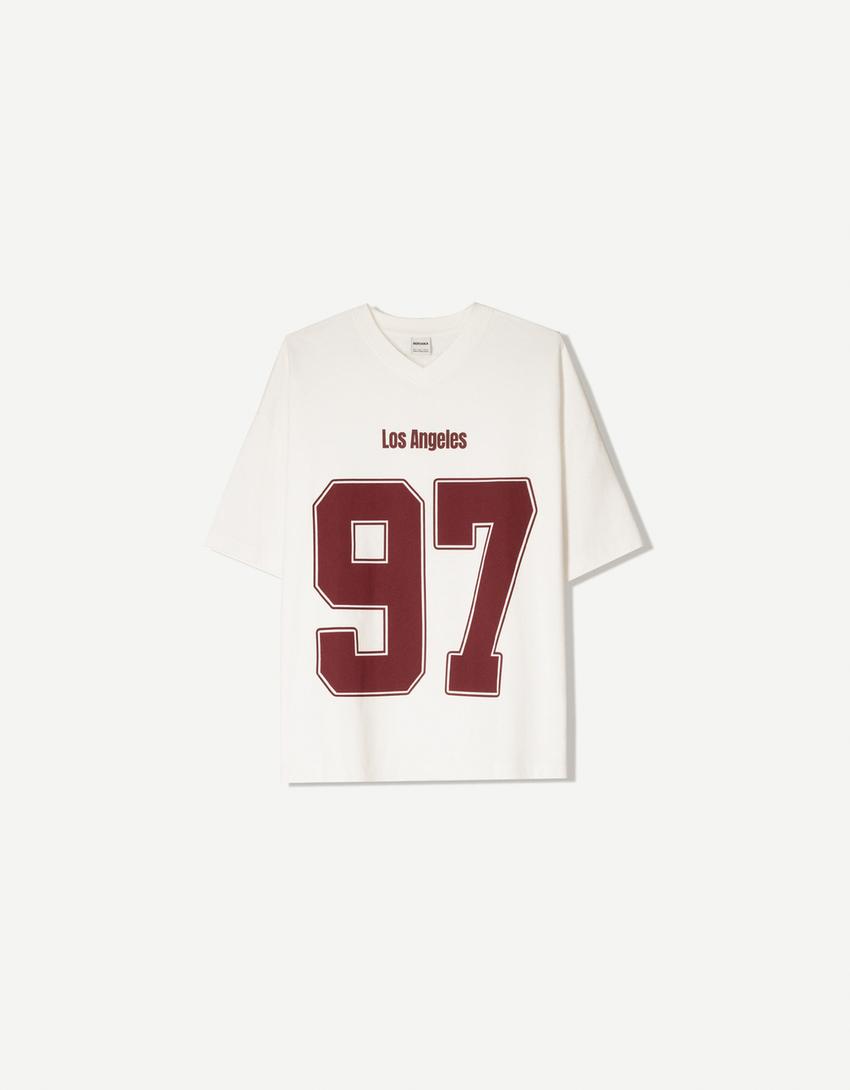 Printed short sleeve V-neck T-shirt-Off white-3