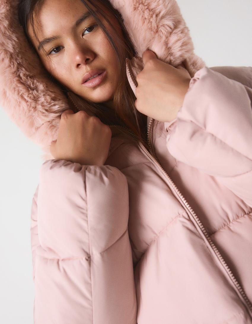 Blusão acolchoado impermeável com capuz de pelo-Rosa