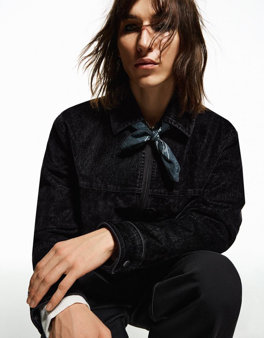 Kadife görünümlü fermuarlı ceket-Siyah